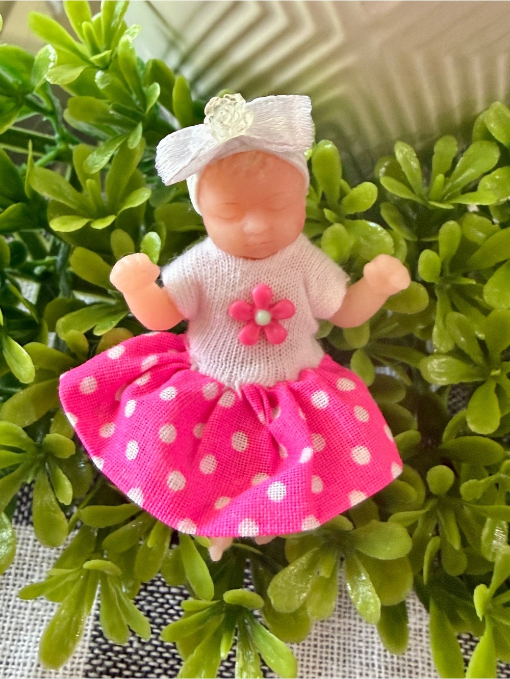 Tiny Baby Doll in Pink Polka Dot Skirt